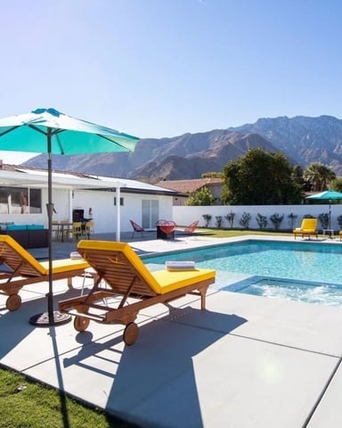 Palm Springs pool with woven lounge pods, striped umbrellas, and snow-capped mountains