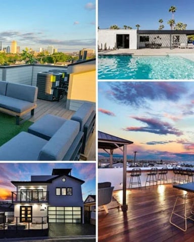 Collage of luxury vacation rental properties featuring rooftop lounge with city skyline, modern pool area, kitchen, sunset views, and outdoor entertaining