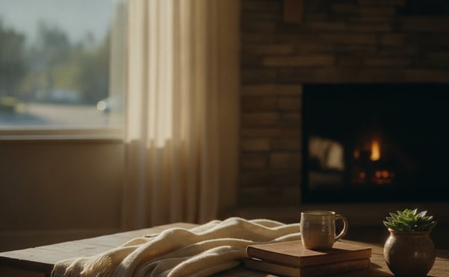 Wooden table with mug, book, and potted succulent near window overlooking mountains and fireplace