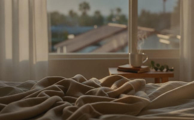 Unmade bed with rumpled beige linens, window view of pool, palm trees, and mountains beyond